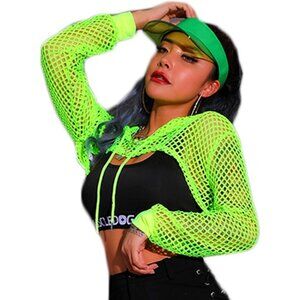🆕Women’s Green Mesh Hoodie Crop Top Long Sleeve Fishnet Shirt Polyester